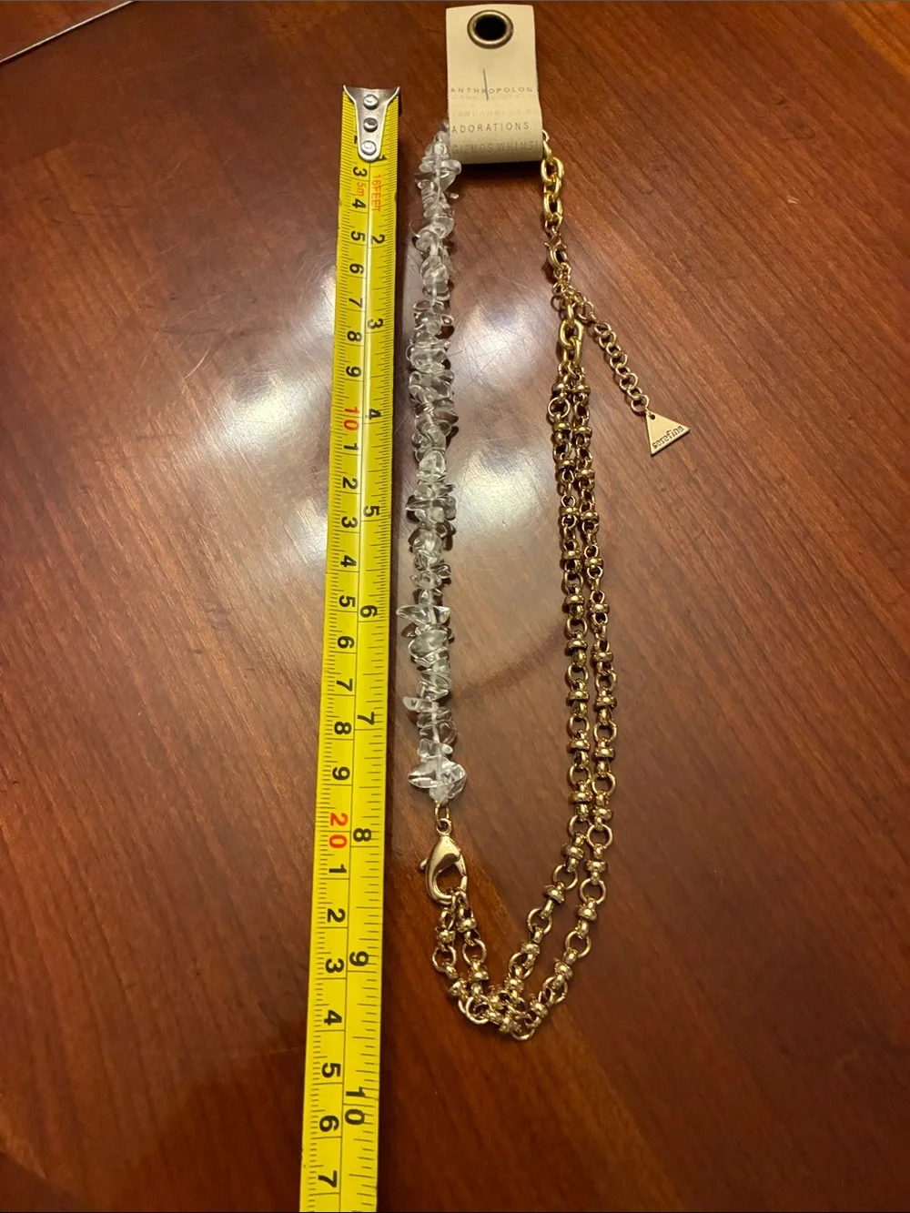 ANTHROPOLOGIE Clear Crystal Rock & Gold Chain Necklace. 14K  Gold Plated. NWT